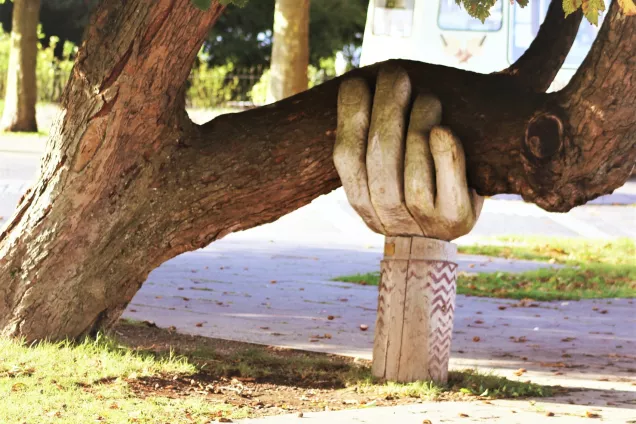 wooden hand sculpture holding up heavy tree branch