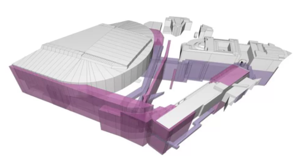 Digital illustration of a 3d-model of a building.