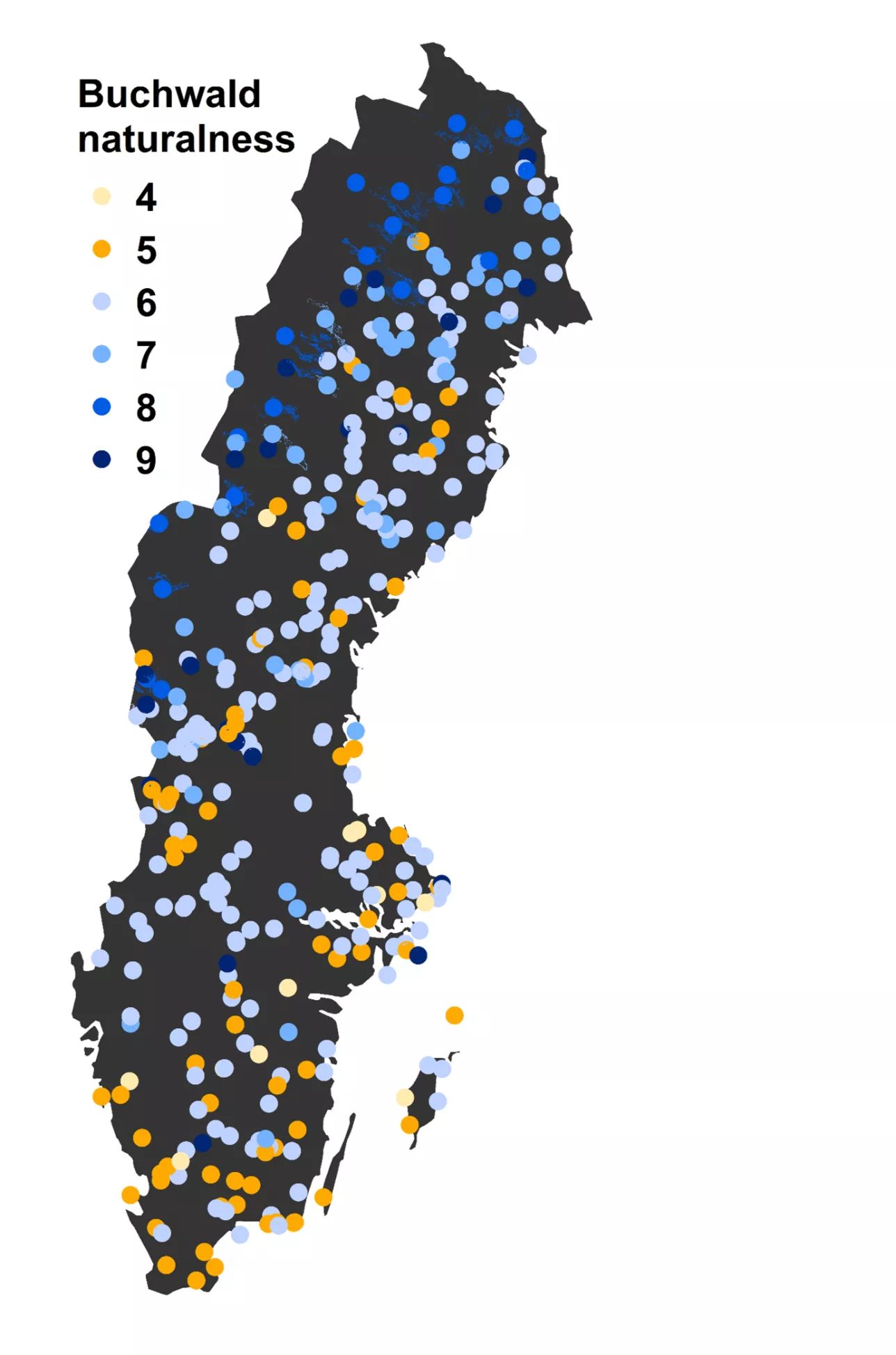 Dark blue graphic map of Sweden showing inventory of forests as dots in various colours, repersenting the degree of naturalness.
