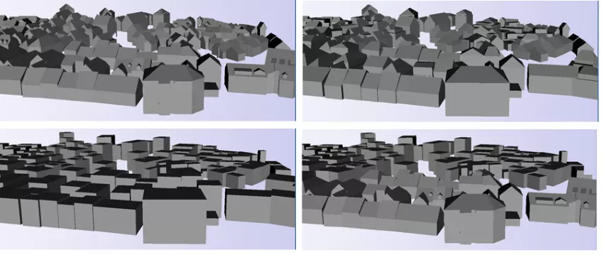 City model from Ettenheim in Germany from CityGML.org, that is generalised to different levels. In the bottom right image is a mixed representation used with most details near the view point. From Mao and Harrie (2013).