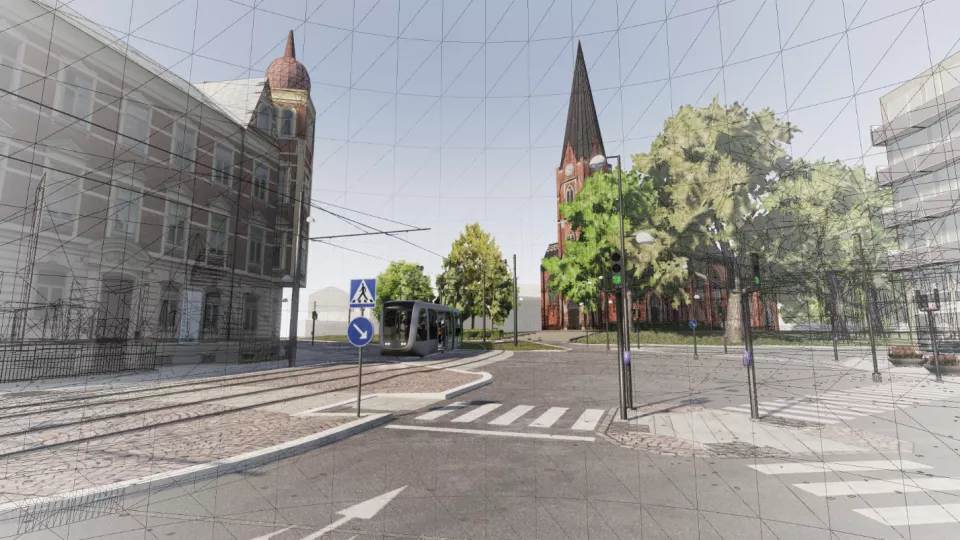Illustration av 3d-modell av Lund; hus, kyrka och träd med rutmönsteröver bilden..